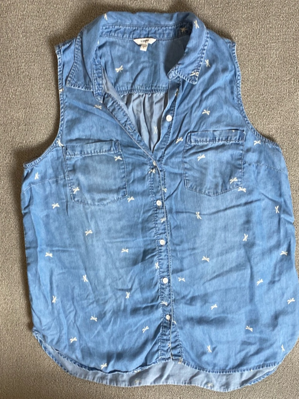 Sonoma Dragonfly Chambray Button Up Sleeveless Denim Style Shirt- Summer Spring